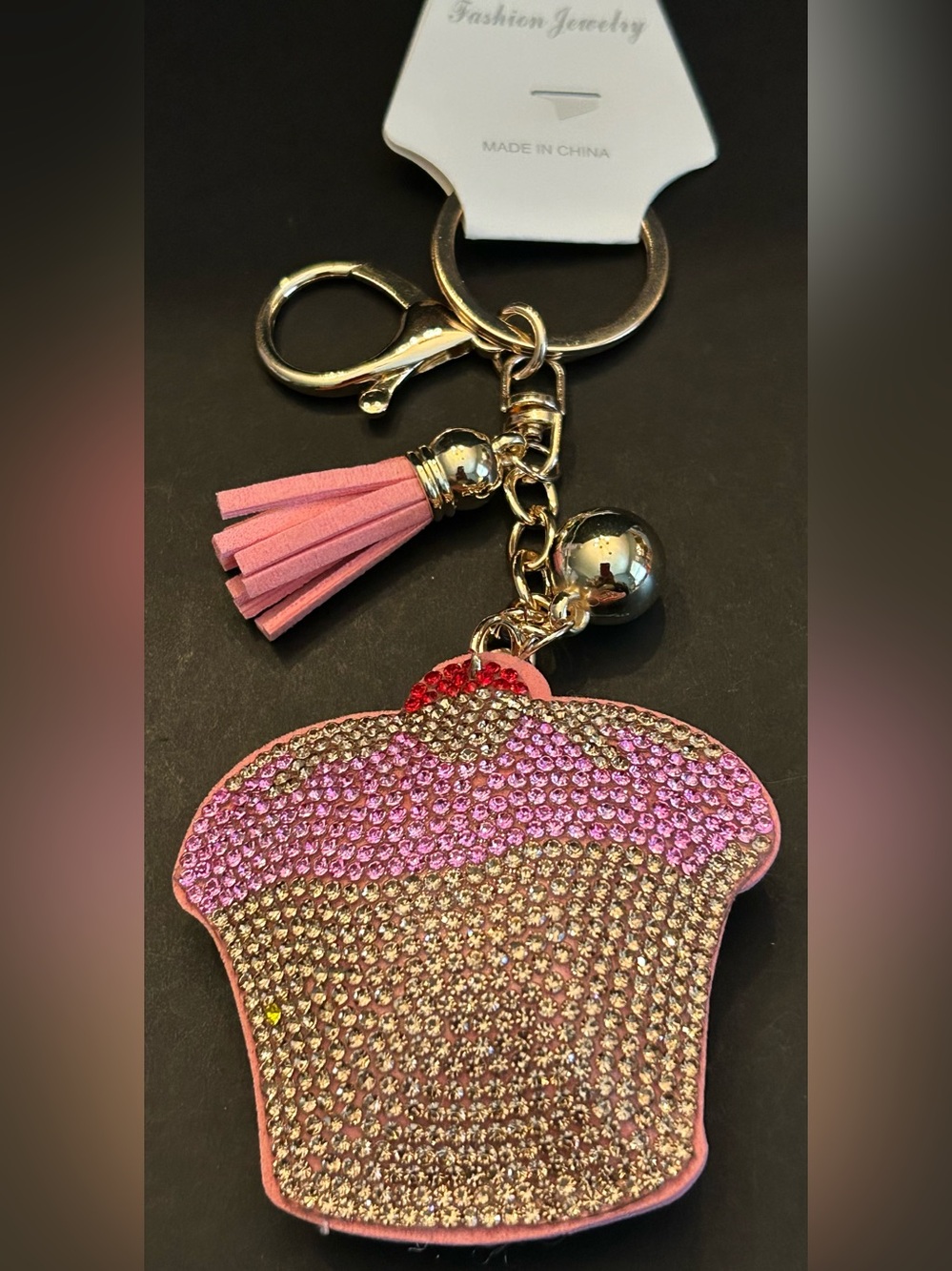 PREMIUM Puffy Pink & Gold Crystal Cupcake Tassel Keychain Bag Charm